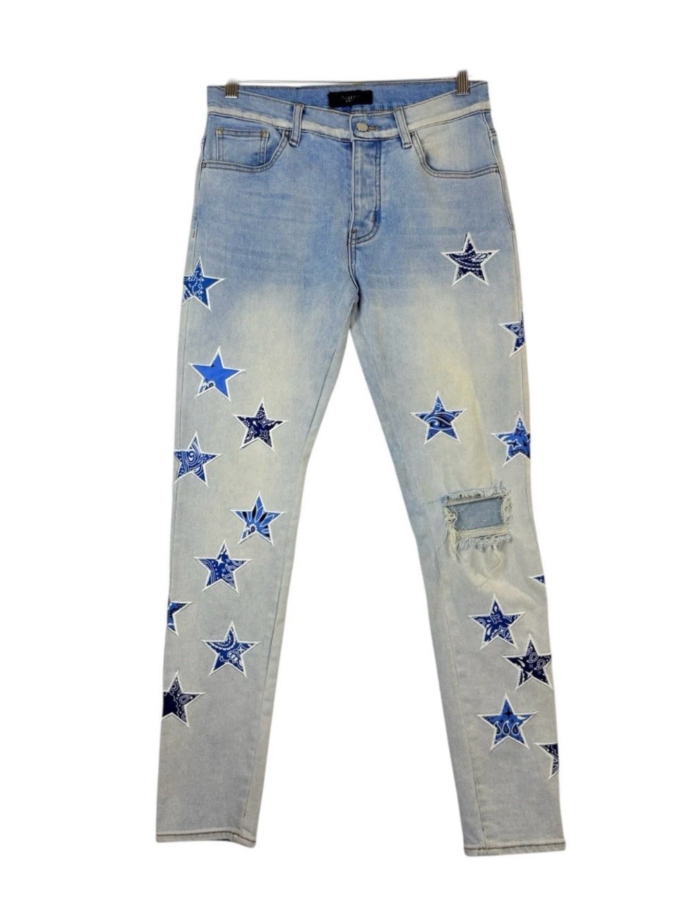 AMIRI Mens Blue Bandana Star Appliques Skinny Jeans Sz 29 Light Wash Distressed